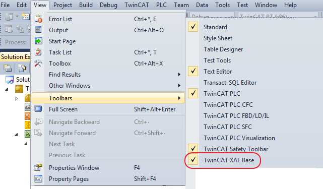 2.3 Préparer les barres de tâches dans Visual Studio Ajouter la barre «TwinCAT XAE Base» Ajouter la barre