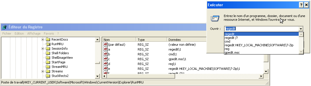 La base de registre : Les données (MRU) MRU (Most Recently Use): HKCU\SOFTWARE\Microsoft\Windows\CurrentVersion\Explorer\RunMRU\, RecentDocs, StreamMRU, ComputerDescriptions, Map Network Drive MRU,