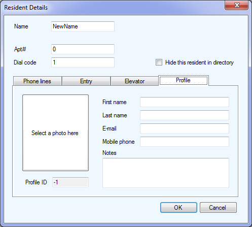 Configurer un panneau de système d accès par téléphone 9. Sélectionnez «Profile» (profil) ; la fenêtre «Profile» s affiche. Figure 96. Détails sur le résident Profil 10.