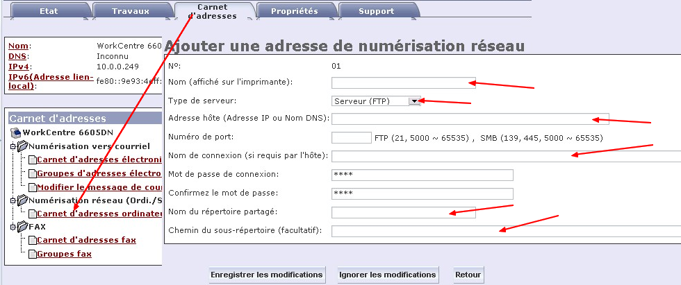 Paramètres de Scanner (réseau) Numérisation réseau Via partage Windows : Nom affiché (pour choisir sur l écran) Type serveur = ordinateur (SMB) Adresse hôte = nom réseau du poste/ adresse IP Numéro