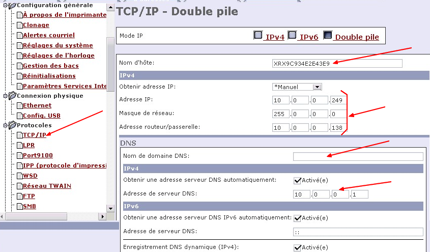 Paramètres IP Réseaux TCP/IP Donner le nom d hôte du copieur Mettez «obtenir adresse IP» en manuel, pour fixer l ip du copieur.