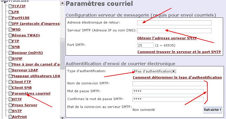 Paramètres Scan to Mail Paramètres courriel (SMTP) Dans adresse de retour, mettre le même email que dans «description» Indiquer votre serveur mail ou l IP su SMTP (si besoin, what s my ip,