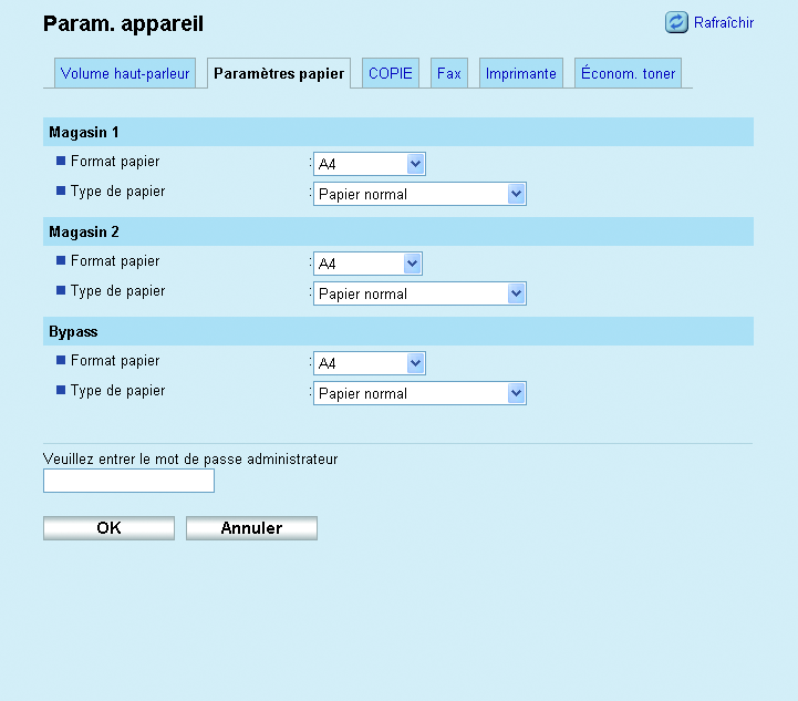 Configuration des paramètres du périphérique Configuration des paramètres de papier Cliquez sur l'onglet [Param.