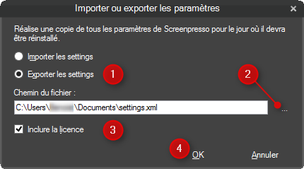 4) Stockez le fichier settings.xml à côté du fichier Screenpresso.exe sur la machine de destination (là où est installé Screenpresso.exe). 4.10.