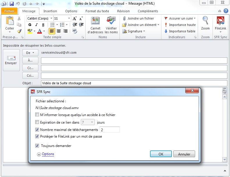 SFR Sync envoyer un fichier via le Plugin Outlook Créer un nouvel