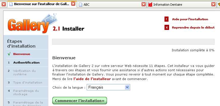 8.3 Configurer gallery2 par le web Ensuite, il faut lancer la procédure d'installation Web de Gallery2 en vous connectant sur http://localhost/gallery2/install/ et en suivant les instructions : La