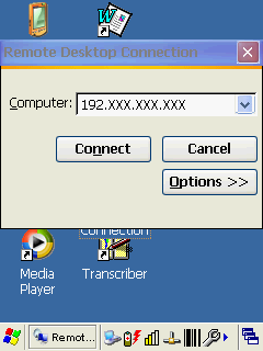 Windows CE6.0 1. Cliquez sur l icône Connexion Bureau à Distance sur le Bureau 2. Indiquez l adresse IP de votre serveur, puis cliquez sur Options>> 3.
