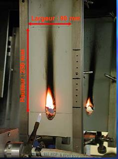 NF EN ISO 11925-2 : Essai à l aide d une source à flamme unique Principe : application d une petite flamme (15 et 30 secondes) et mesure de la hauteur de flamme (propagation)