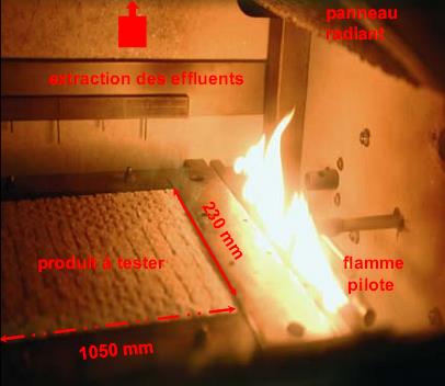 NF EN ISO 9239-1 : l essai panneau radiant Principe : Le produit est soumis à l effet d un panneau radiant et de flammes pilotes Mesures: -Longueur détruite en 30 min