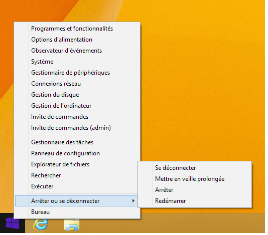 Bouton Démarrer du Bureau Menu contextuel Le menu contextuel offre un moyen d accès rapide à certains programmes de Windows 8.1 lorsque vous maintenez votre doigt enfoncé sur le bouton Démarrer.