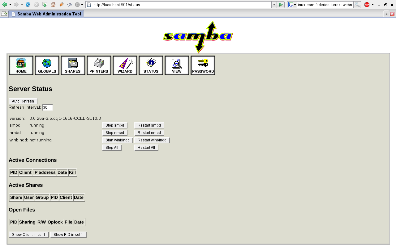 SAMBA : utilitaires graphiques SWAT - Samba Web Administration
