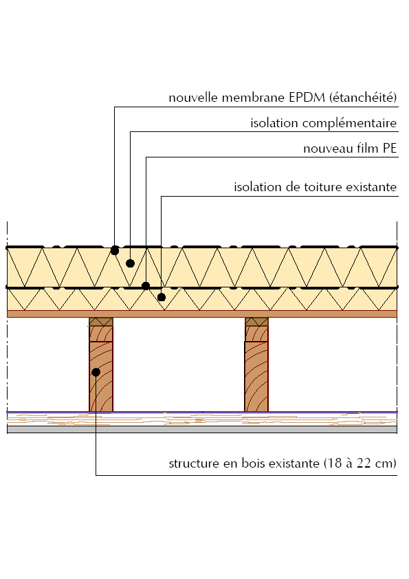 Isolation complémentaire d une toiture chaude avec une structure de toiture existante en béton (1), avec une structure de toiture existant en bois (2) Conseil: Il n est pas possible de coller ou