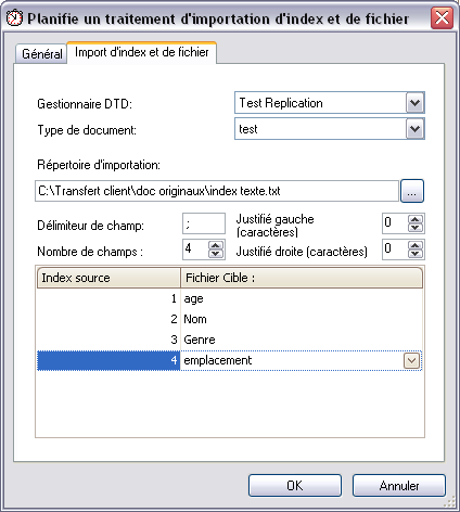 Configuration import d'index et de fichier Dans l'onglet "import d'index et de fichier" est ouverte une fenêtre, dans laquelle on peut régler le répertoire d'importation.
