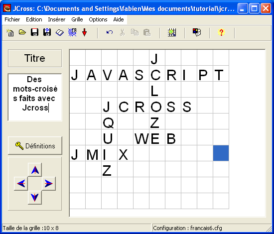 JCross JCross permet de créer des mots croisés. La première étape consiste à créer votre grille. Vous avez deux options pour ce faire. 1. Saisir chacune des lettres dans la grille manuellement. 2.