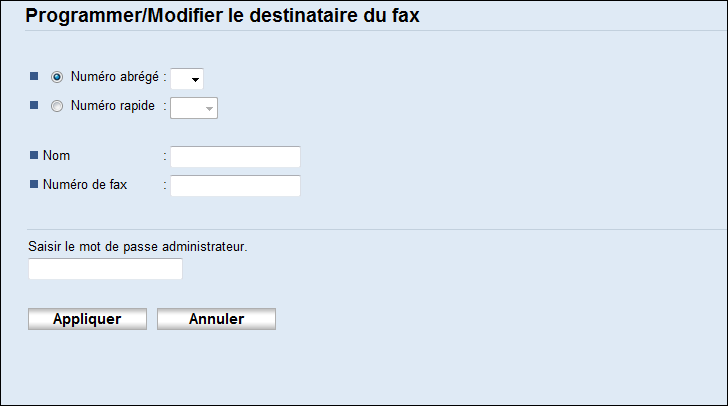 Enregistrement de destinataires de fax Un mot de passe pour accéder au menu [Carnet adresses] peut être spécifié dans [Verrou. Outils admin.]. Enregistrement des destinataires de Fax à l'aide de Web Image Monitor 1.