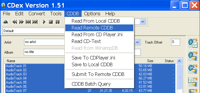 -d3- Insérer le CD et transformer la numérotation des pistes en titre de musique. Pour cela faire CDDB/Read Remote CDDB.