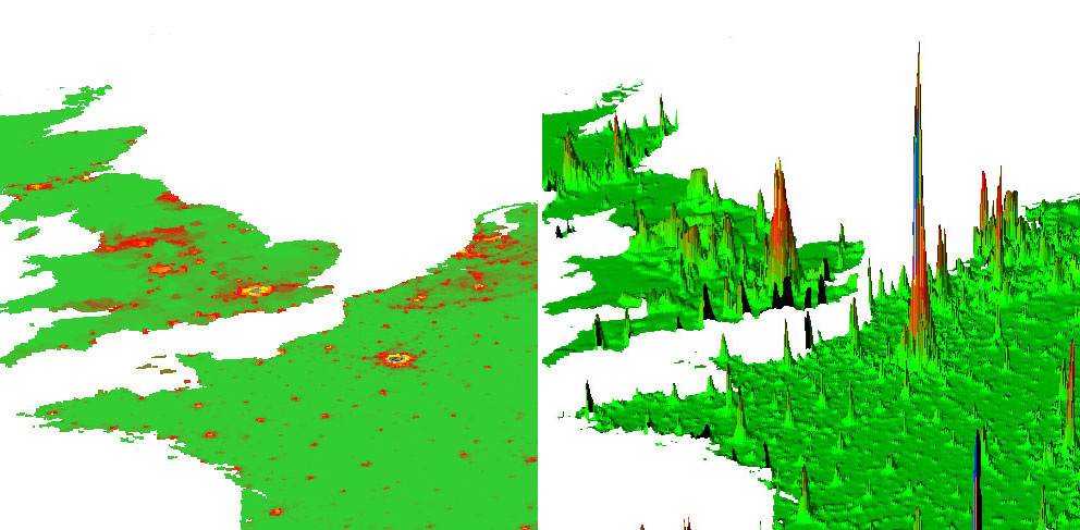 Exemple des densités de population en Europe en 2000, carte lissée en 2D, et carte en relief 3D.