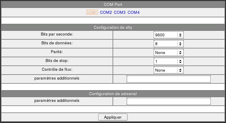 Port de Communication (RS232) Cliquez sur le lien COM Port pour régler les paramètres du port série. Bits par seconde : débit de votre connexion RS232.