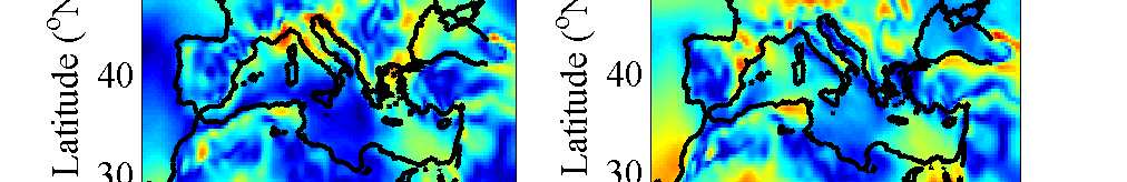 9 Paramètre SW R sur le bassin méditerranéen calculé à partir du champ de vent de surface filtré simulé par LMDZ par un filtre passe-bas de nombre d onde de coupure k c = 1/L c avec L c 250 km, pour