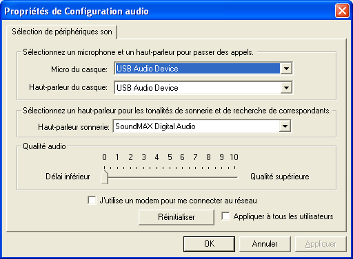 Boîte de dialogue de configuration des périphériques audio du i2052 Afficheur Icône Indication Mode de navigation dans la liste des