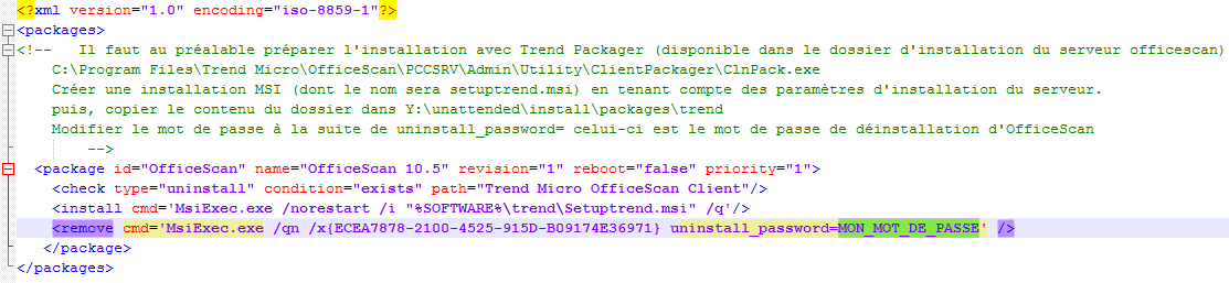Copier le MSI dans Y:\unattended\install\packages\trend\. Télécharger le XML ici : http://www.samba-edu.acversailles.fr/img/xml/trend.