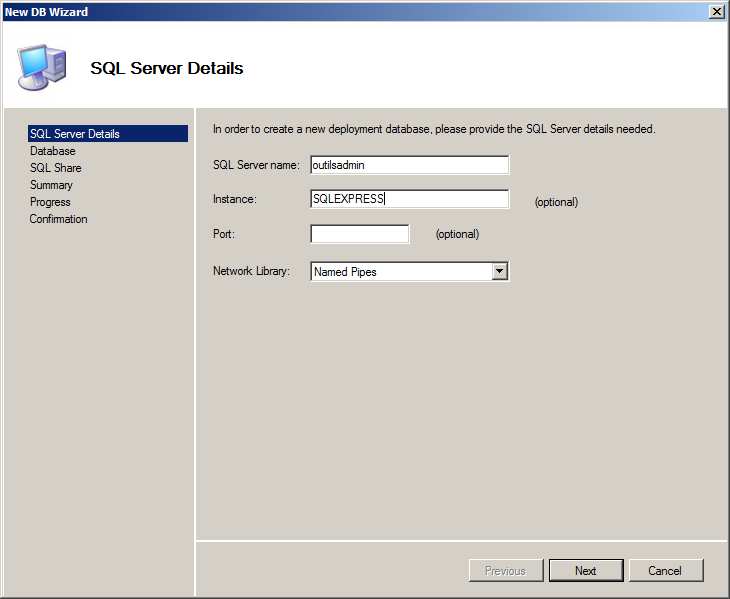 sélectionnez «New Database» Entrez le nom FQDN du serveur MDT (SQL doit être placé sur le même