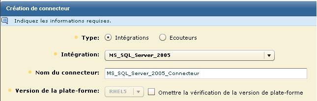 Exemple : Activation de la collecte directe à l'aide du détecteur ODBCLogSensor 5. Dans la liste déroulante Intégration, sélectionnez l'intégration MS_SQL_Server_2005.