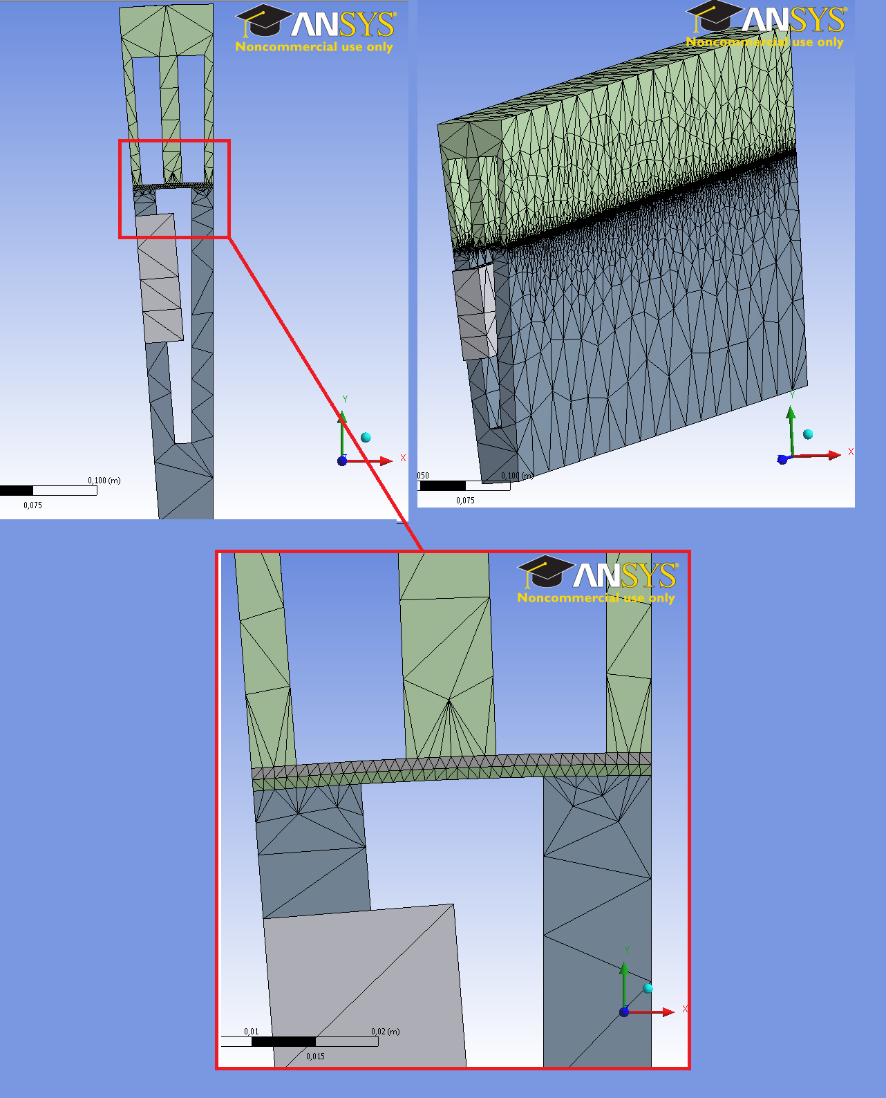 La figure suivante présente le maillage du modèle avec un zoom sur le raffinement au niveau de l entrefer : Figure6. 5: Illustration du maillage avec un zoom sur l'entrefer.