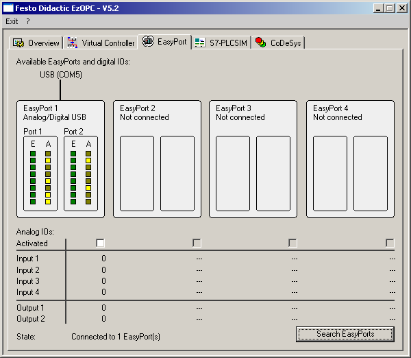 5. Principales fonctions de commande de CIROS Mechatronics 15. Cliquez sur l'onglet EasyPort. L'état de l'easyport connecté et celui de ses entrées/sorties sont affichés.