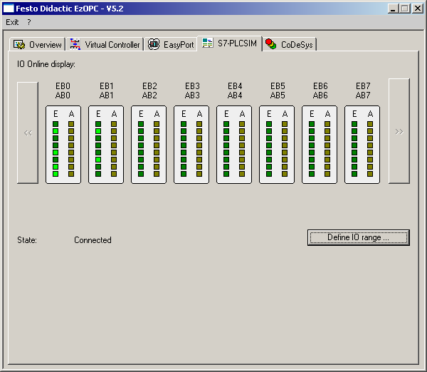 5. Principales fonctions de commande de CIROS Mechatronics 16. Cliquez sur l'onglet S7-PLCSim et contrôlez les réglages. L'état de la simulation S7-PLCSim et de ses entrées/sorties est affiché.