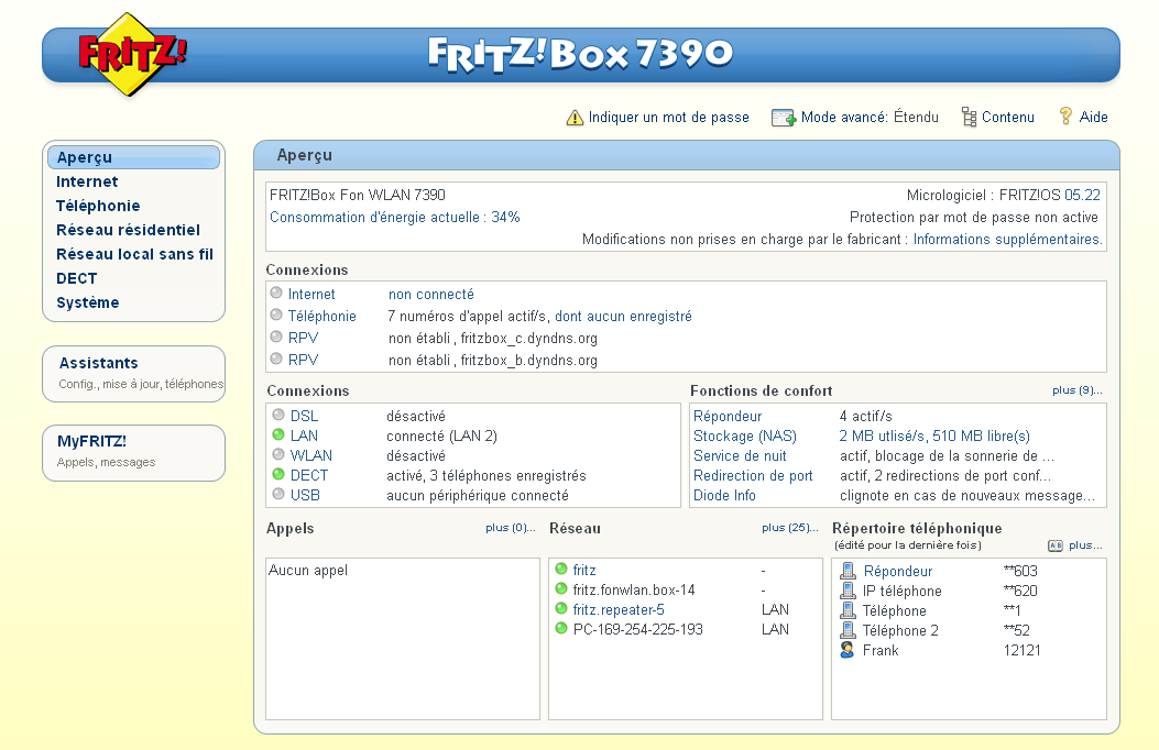 Aperçu : tout en un clin d œil 6.2 Aperçu : tout en un clin d œil Vous trouverez toutes les informations clés concernant votre FRITZ!Box sur la page «Aperçu» de l interface utilisateur de votre FRITZ!
