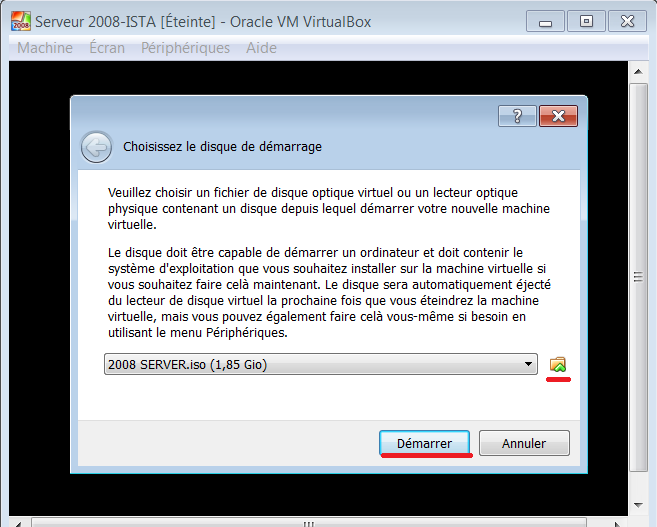 3. Démarrer votre machine virtuelle et choisissez l image ISO 2008 server comme disque de démarrage 4.
