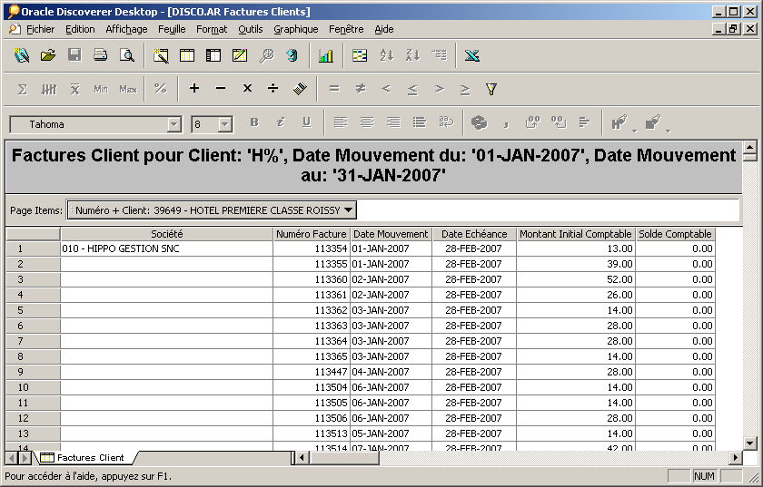 La facture client permet de visualiser les détails des factures pour chaque client tel que la date de mouvement, la date