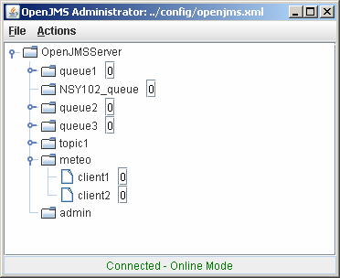 OpenJMS 1) D:\openjms-0.7.7-beta-1\bin>set JAVA_HOME=C:\jdk1.6.0 2) D:\openjms-0.7.7-beta-1\bin>start startup D:\openjms-0.7.7-beta-1\bin>start admin Exemples fournis, D:\openjms-0.7.7-beta-1\examples\basic>build D:\openjms-0.
