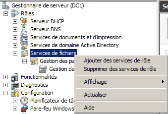 Sur les 2 serveurs, nous installons les services de rôles suivants : - Serveur de fichiers - Système de fichiers distribués (DFS), réplication DFS - Gestion de ressources du serveur de fichier -