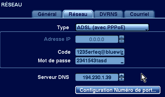 Utilisation du service DVRNS pour les DIR, DLR, DTR, DMR Dans l'appareil, régler les paramètres réseau ainsi : DVRNS Activer le service de nom DVR : Oui Activer NAT : Oui Nom du DVR : Donner un nom