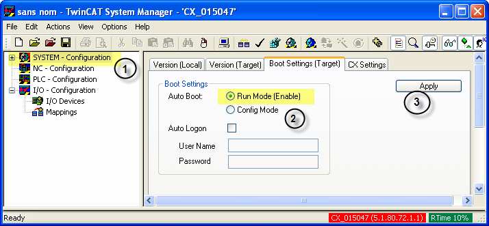 1 Configuration TwinCAT System Manager : Lorsque vous appliquez la commande Apply, vous allez alors écrire dans la base des registres Windows du CX distant,
