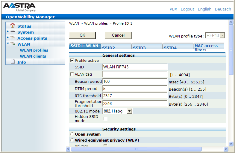 Configuration DECTover IP/OpenMobility Manager: vue d'ensemble profils WLAN Gestionnaire DECTover IP/OpenMobility : profils WLAN Vous devez déterminer les paramètres suivants pour une utilisation