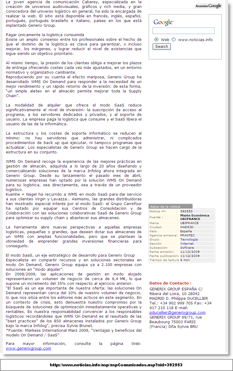 Bureau de presse Pôle Communication Presse UBIFRANCE Espagne Date de parution 10/12/2009 Nom du support WWW.