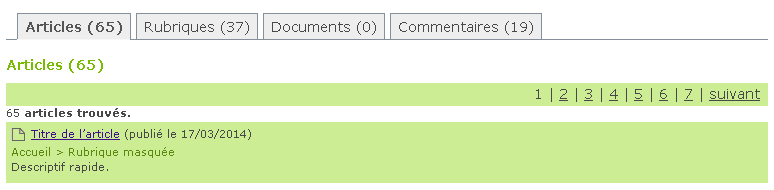 En cliquant sur l onglet «Documents» : En cliquant sur l onglet «ommentaires» : La pagination des résultats affiche les numéros des pages de résultats et un lien "suivant" (et/ou précédent).