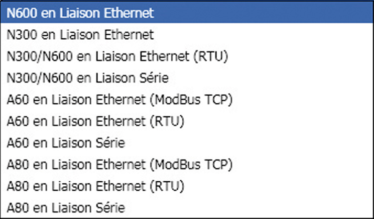 Voici les appareils qu il est possible d ajouter dans le logiciel avec les differents moyens de communications associées : PQS_034_B_FR_X N300/N600 en Liaison Ethernet (Modbus TCP) / (RTU) : Le