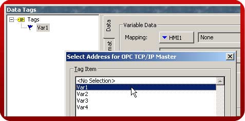 Sélectionner le Protocole 1 puis sélectionner et configurer le protocole OPC TCP/IP Master. Configurer les variables comme souhaité dans la base de données.