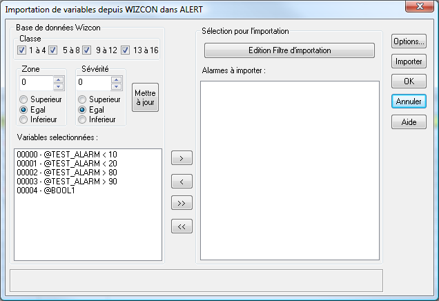 3.5.5.3 Importation des alarmes A partir de l arborescence, faire un clic droit sur «variables», sélectionner le menu «Importer» puis m_wizcon.dll.