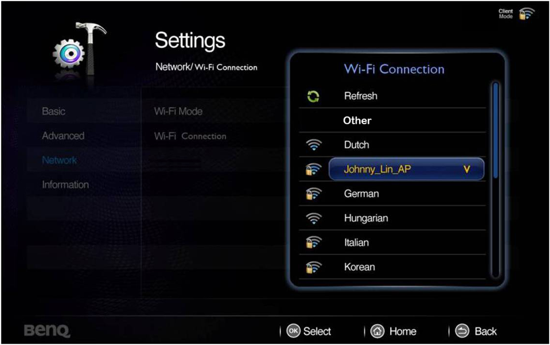 Connecter à un réseau en utilisant le Mode Client 1. Allez à Réglages > Réseau > Mode Wi-Fi, appuyez OK, et un menu auto apparaît.