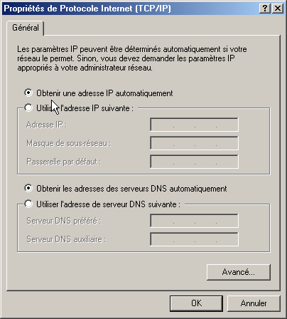 Dans cette fenêtre, cochez "Obtenir une adresse IP automatiquement" et "Obtenir les adresses des serveurs DNS automatiquement". Cliquez sur OK pour quitter cette fenêtre.