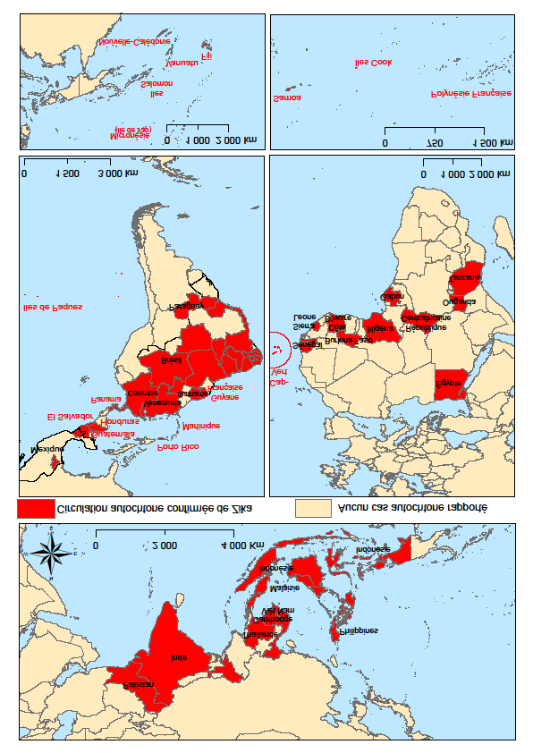 Fig. 1 - Carte de la circulation connue du virus Zika dans le monde (cas sporadiques, épidémies actives ou