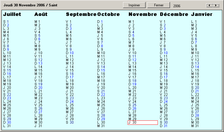 Pour utiliser le calendrier semestriel, choisissez l'option «Accessoires» du menu, puis «Calendrier» et «Semestriel». Le calendrier apparaît : La date du jour est entourée d'un cadre rouge.