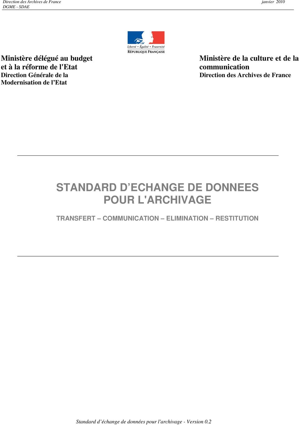 Archives de France STANDARD D ECHANGE DE DONNEES POUR L'ARCHIVAGE TRANSFERT