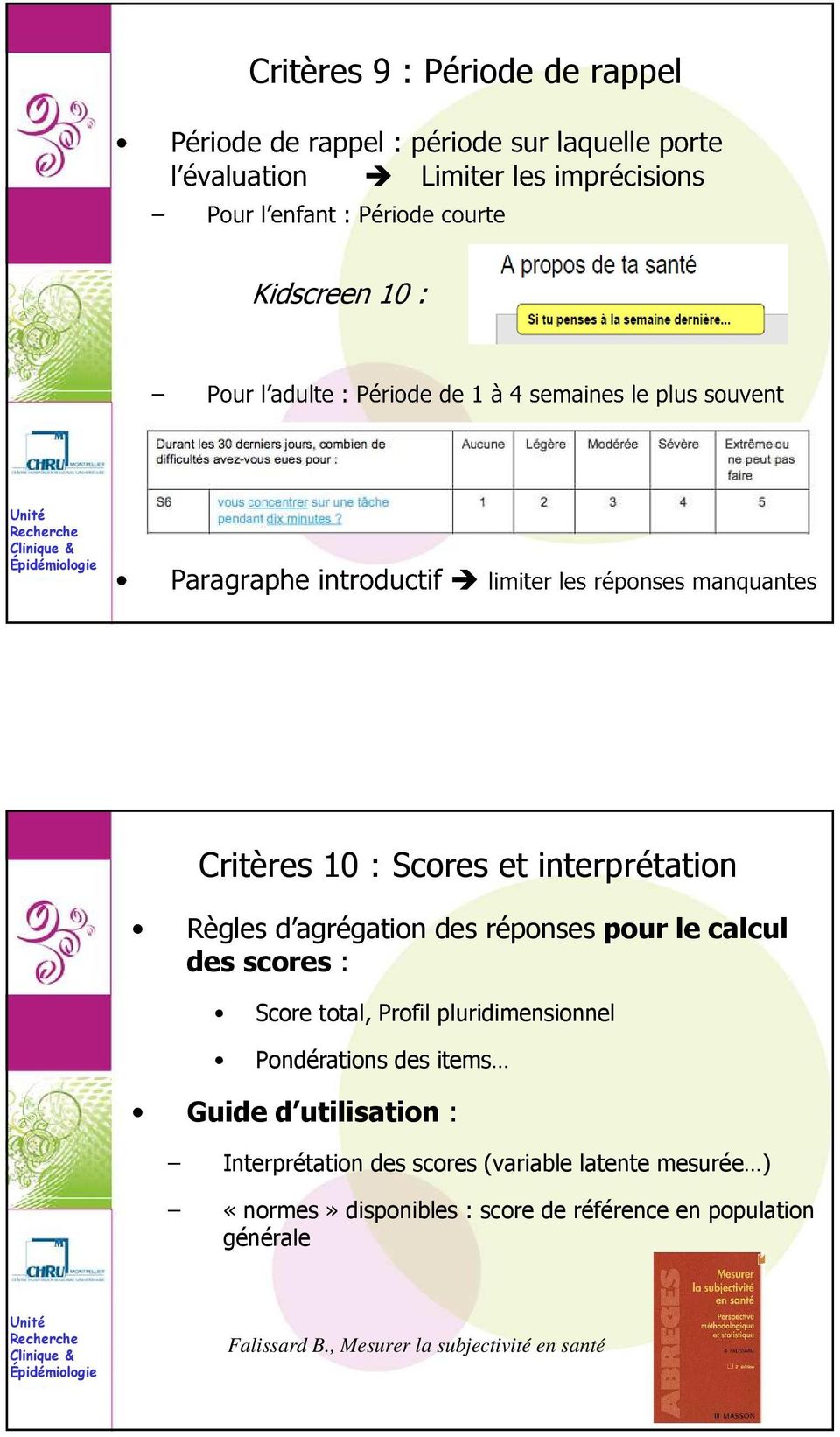 Pondérations des items Guide d utilisation : Interprétation des scores (variable latente mesurée )