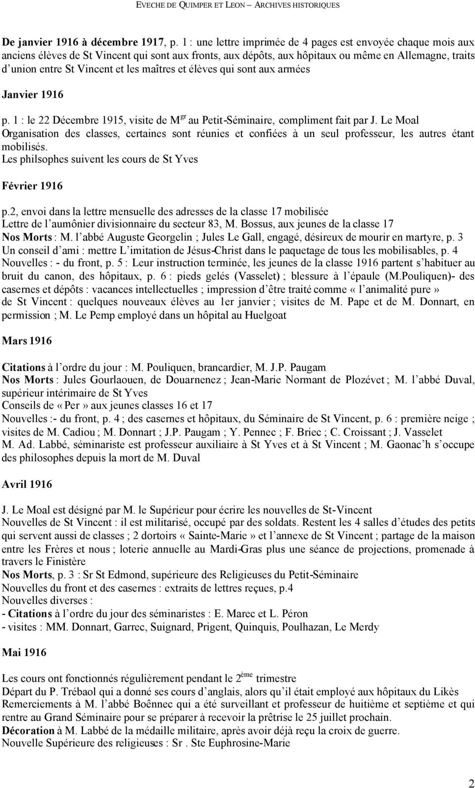 table du bulletin du  petit-s u00e9minaire saint-vincent de pont-croix